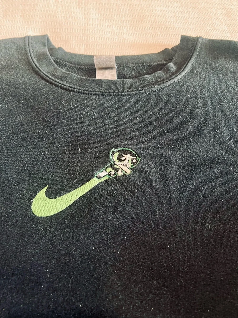 Black Crew Sweatshirt with Lime Green Swoosh and Character Embroidery